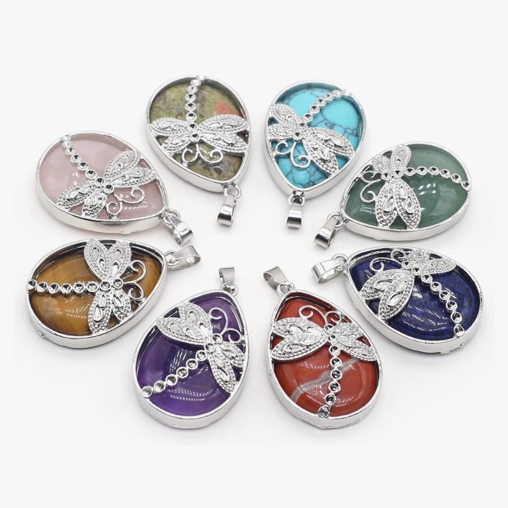 6 Pack Dragonfly Gemstone Natural Crystal Stone Pendant Necklaces Lot
